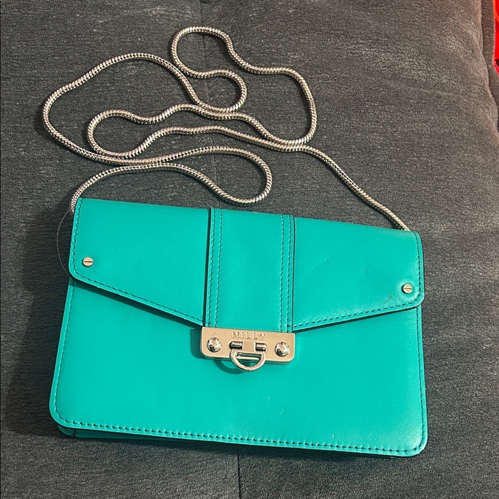 MILLY Aqua Leather Turquoise Envelope Crossbody Bag